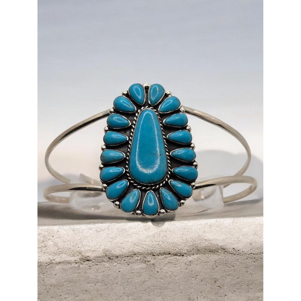 Artisan Turquoise Cluster Cuff Bracelet Sterling Silver Native Style
